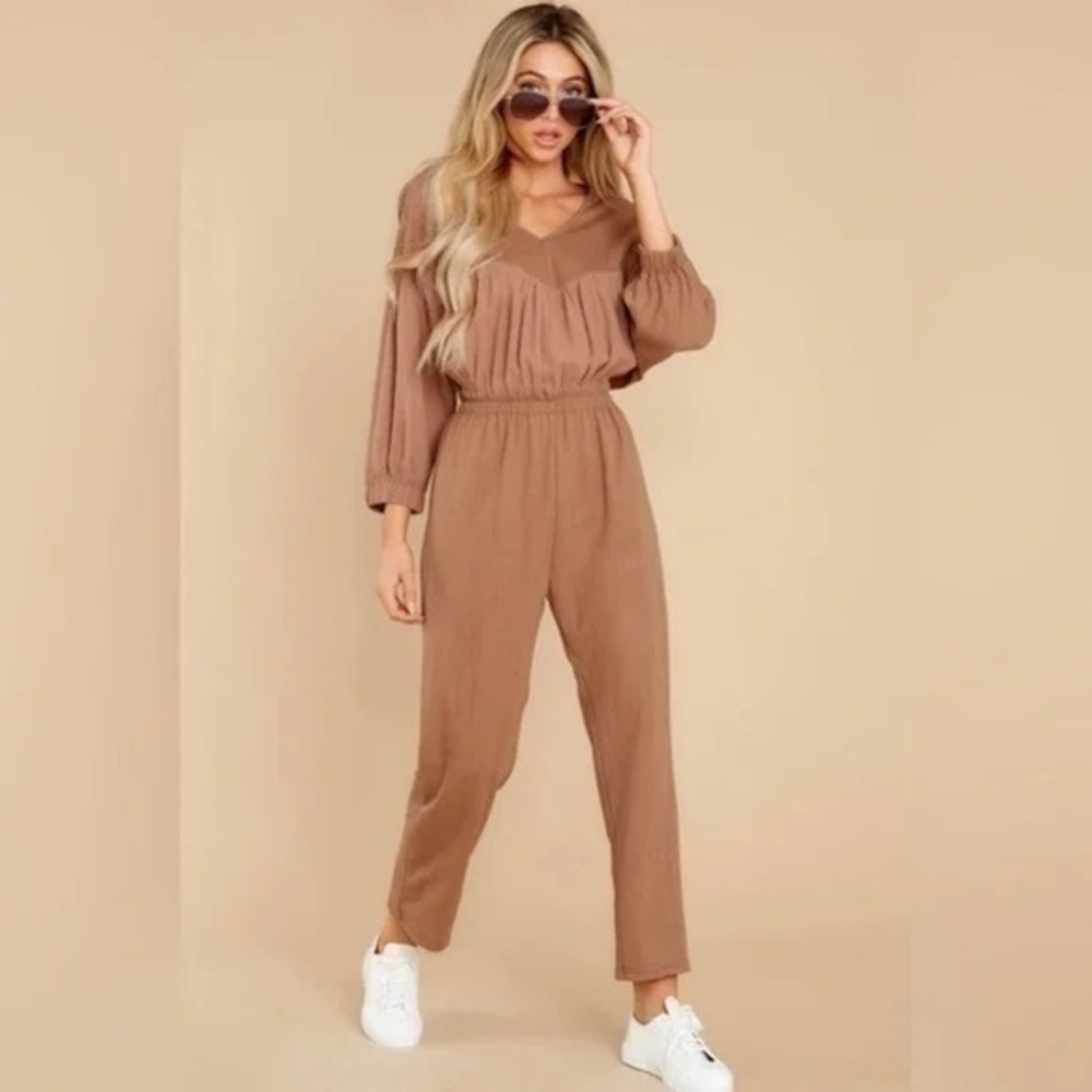 Listicle Crepe Smocked Waist Quarter Sleeve Full Length Jumpsuit Jumper Brown